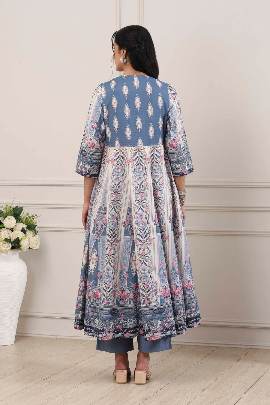 Blue Cotton Floral Printed Anarkali Suit Set A34