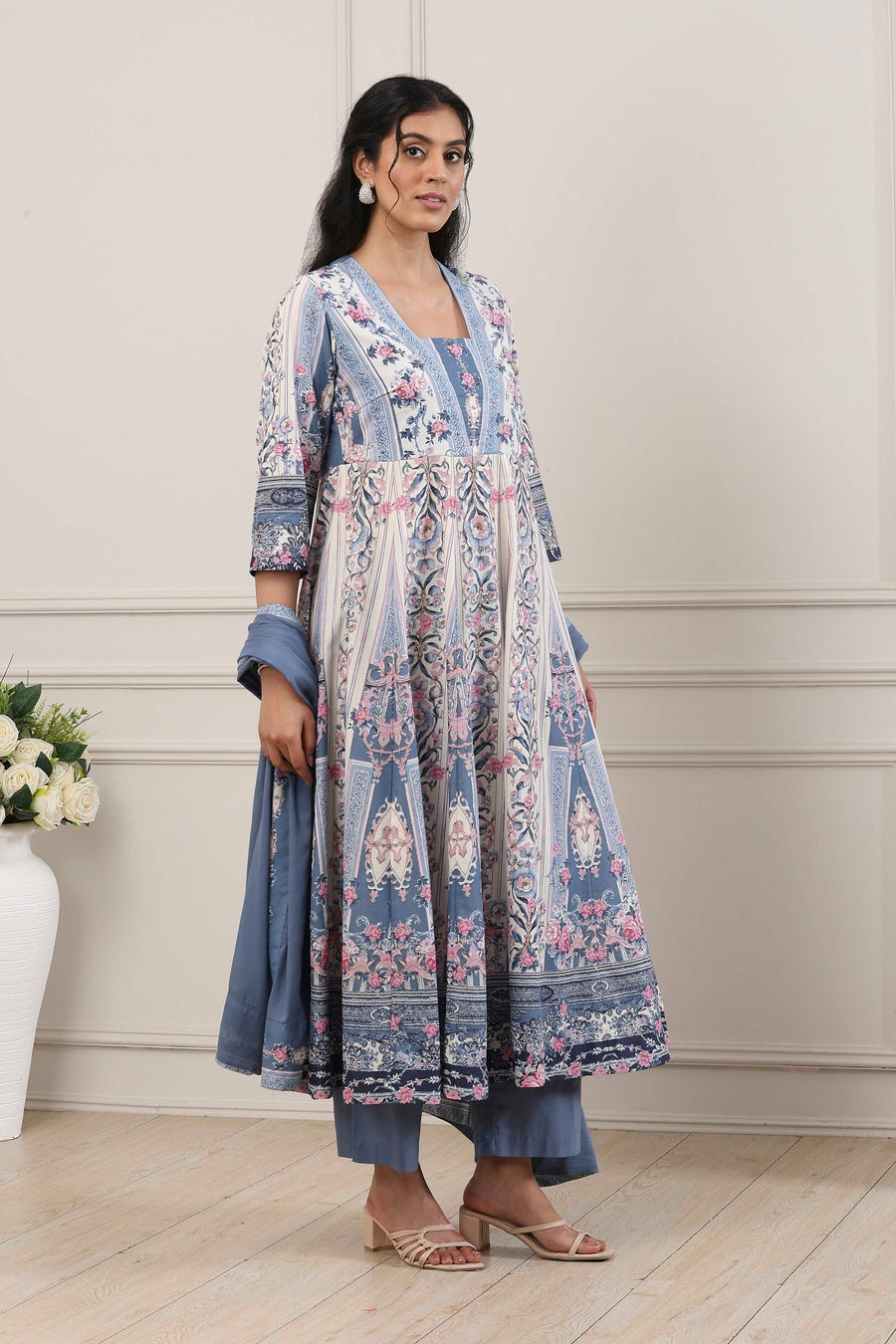Blue Cotton Floral Printed Anarkali Suit Set A34