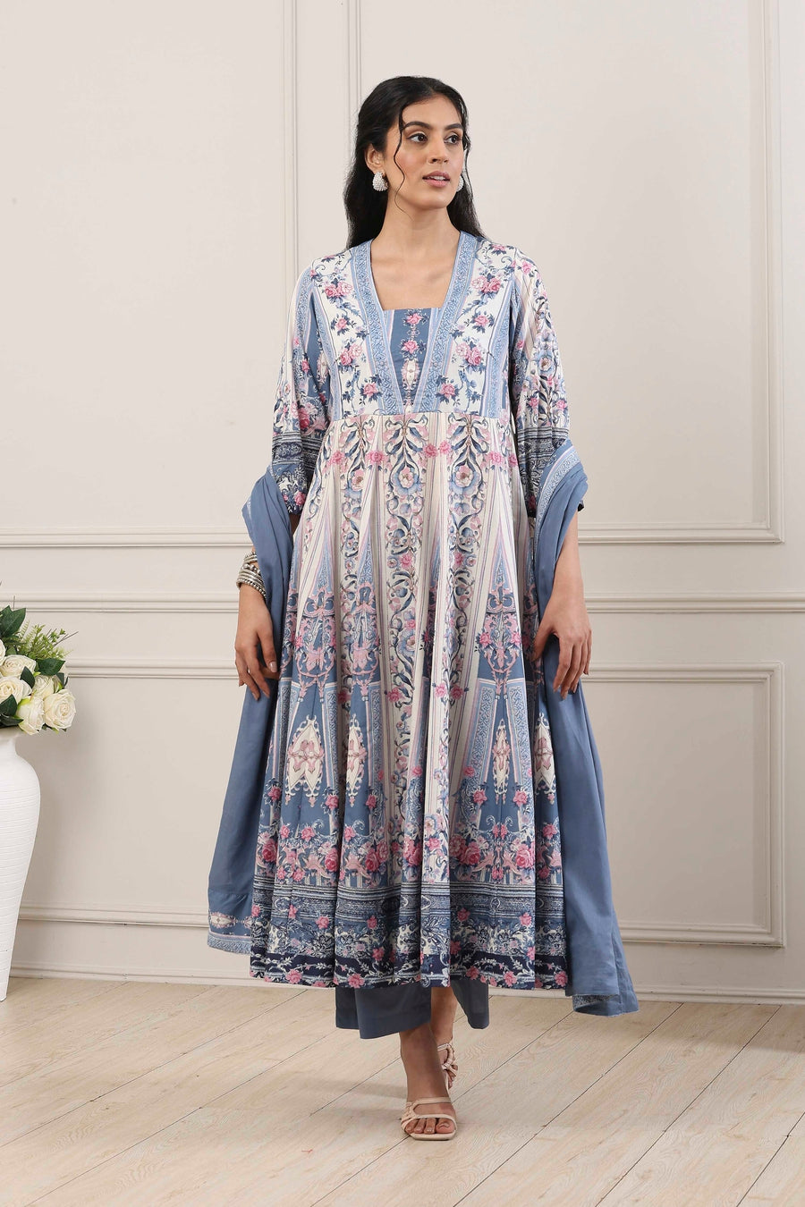Blue Cotton Floral Printed Anarkali Suit Set A34