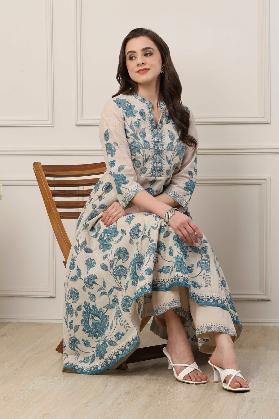 Blue Cotton All-Over Floral Anarkali Suit Set A34