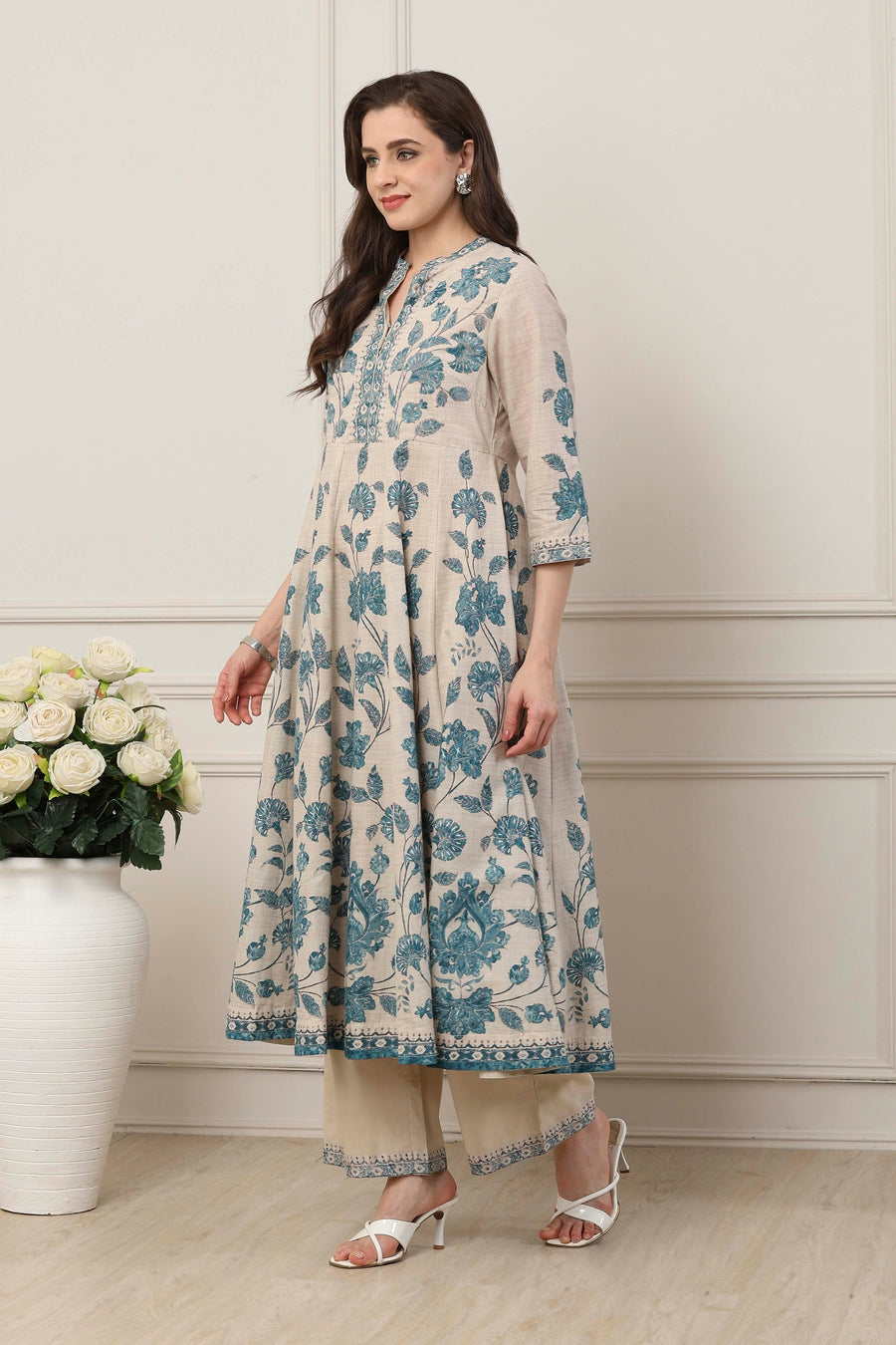 Blue Cotton All-Over Floral Anarkali Suit Set A34