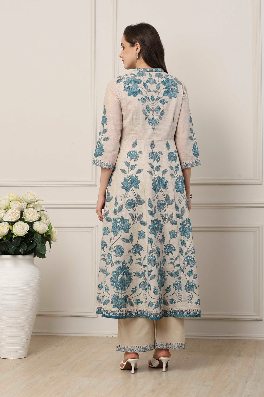 Blue Cotton All-Over Floral Anarkali Suit Set A34