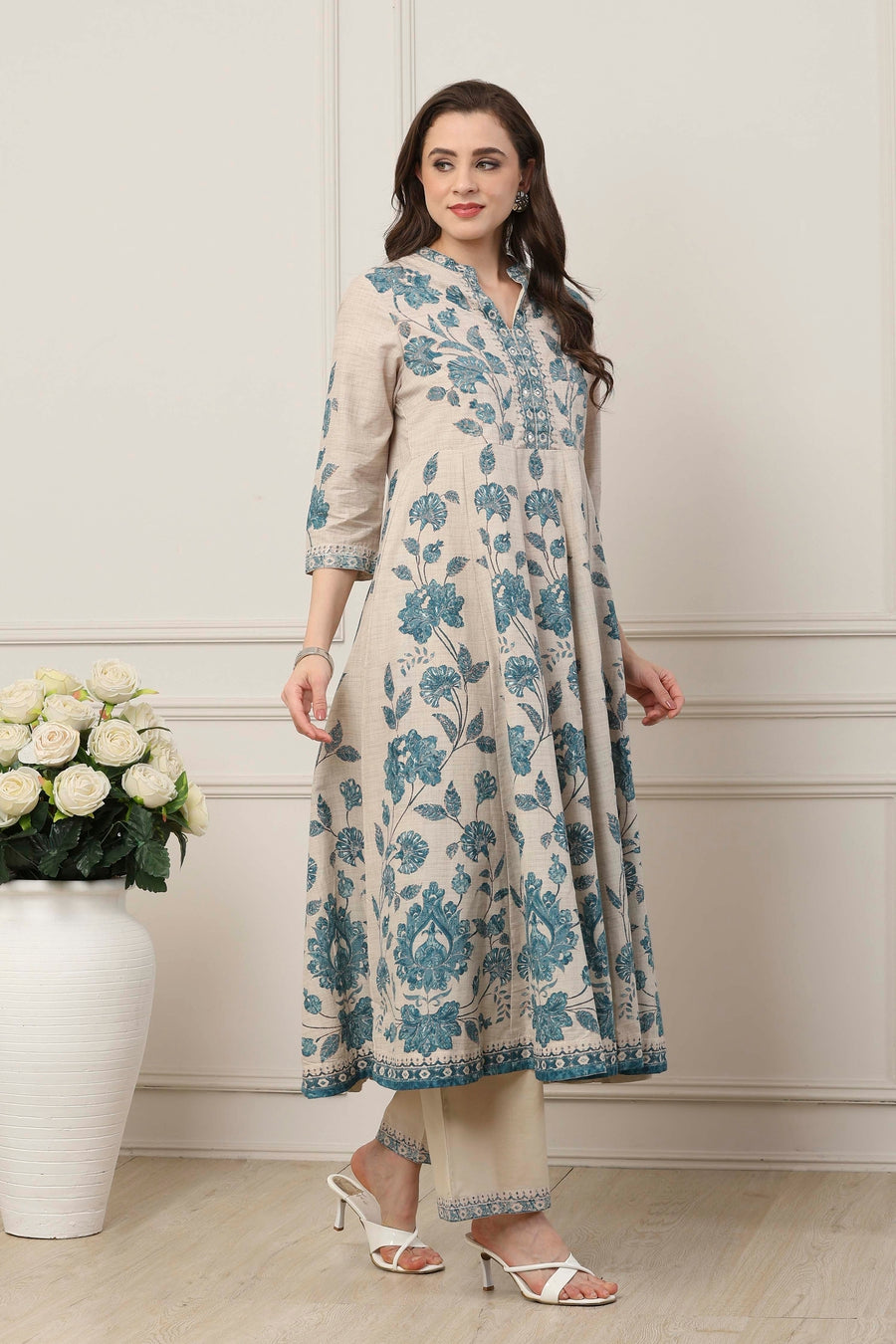 Blue Cotton All-Over Floral Anarkali Suit Set A34