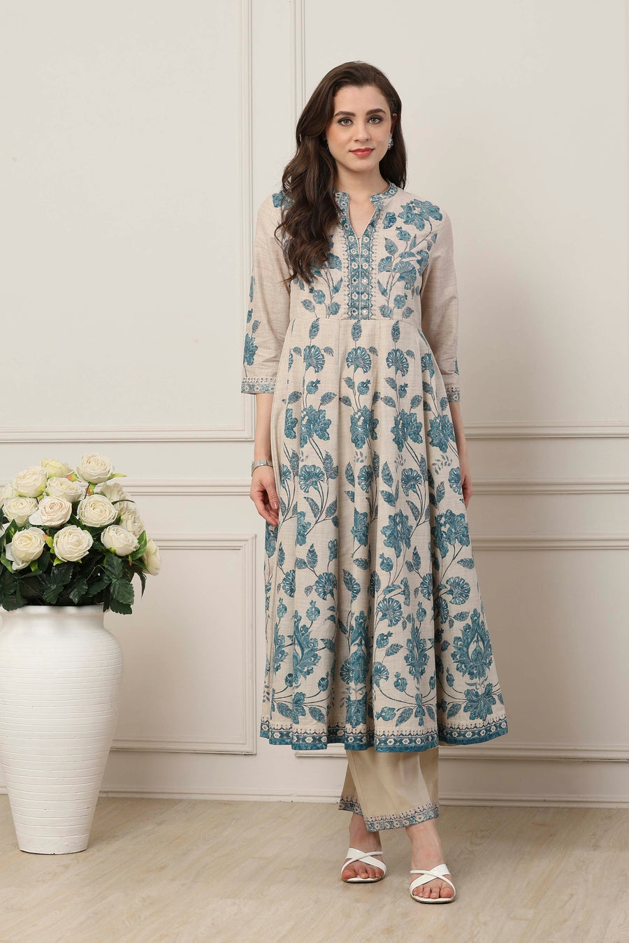 Blue Cotton All-Over Floral Anarkali Suit Set A34