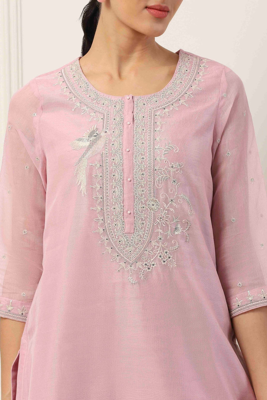 Pink Poly Chanderi Embroidered Straight Suit Set KS60