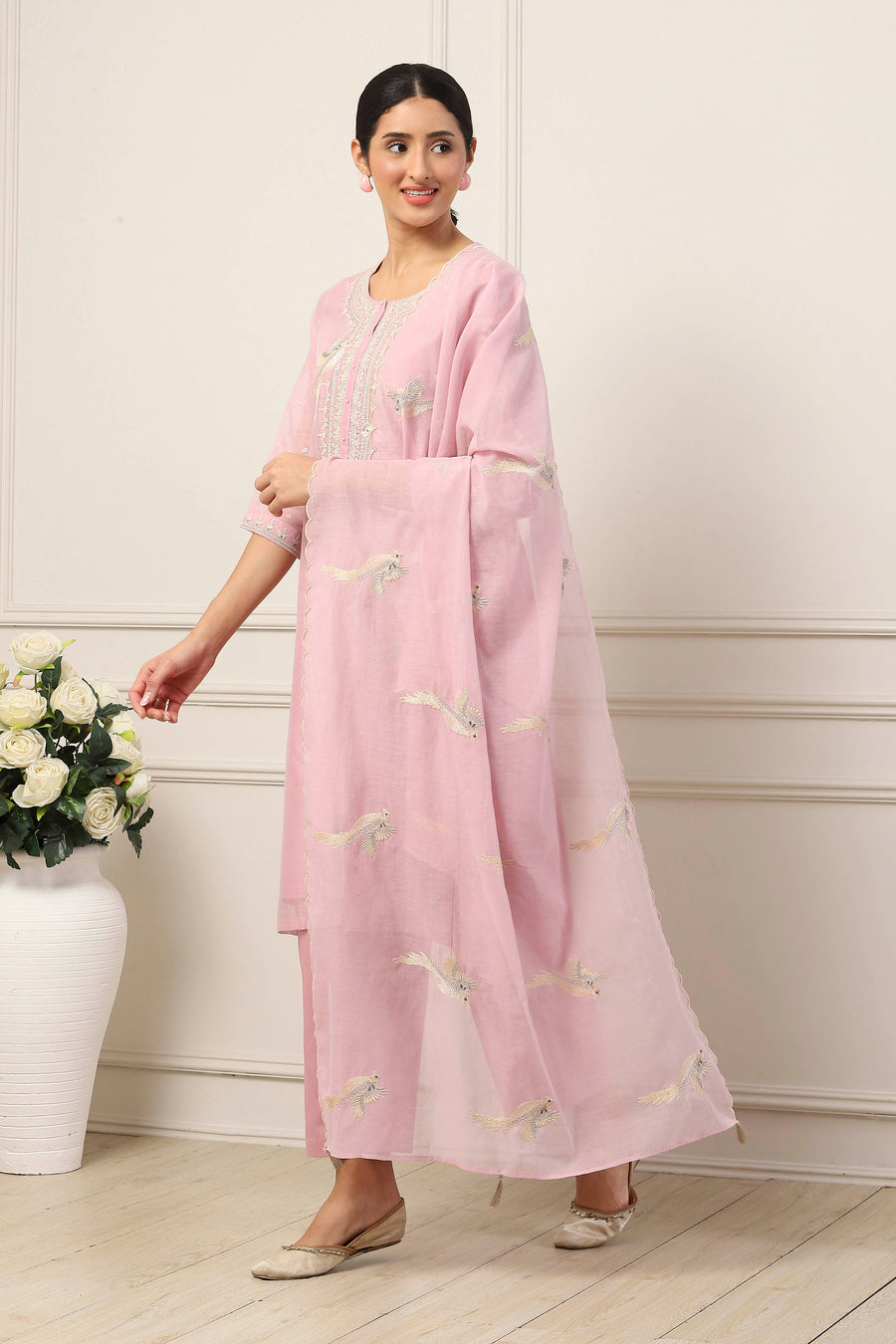 Pink Poly Chanderi Embroidered Straight Suit Set KS60