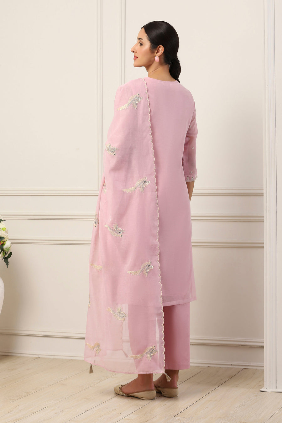 Pink Poly Chanderi Embroidered Straight Suit Set KS60