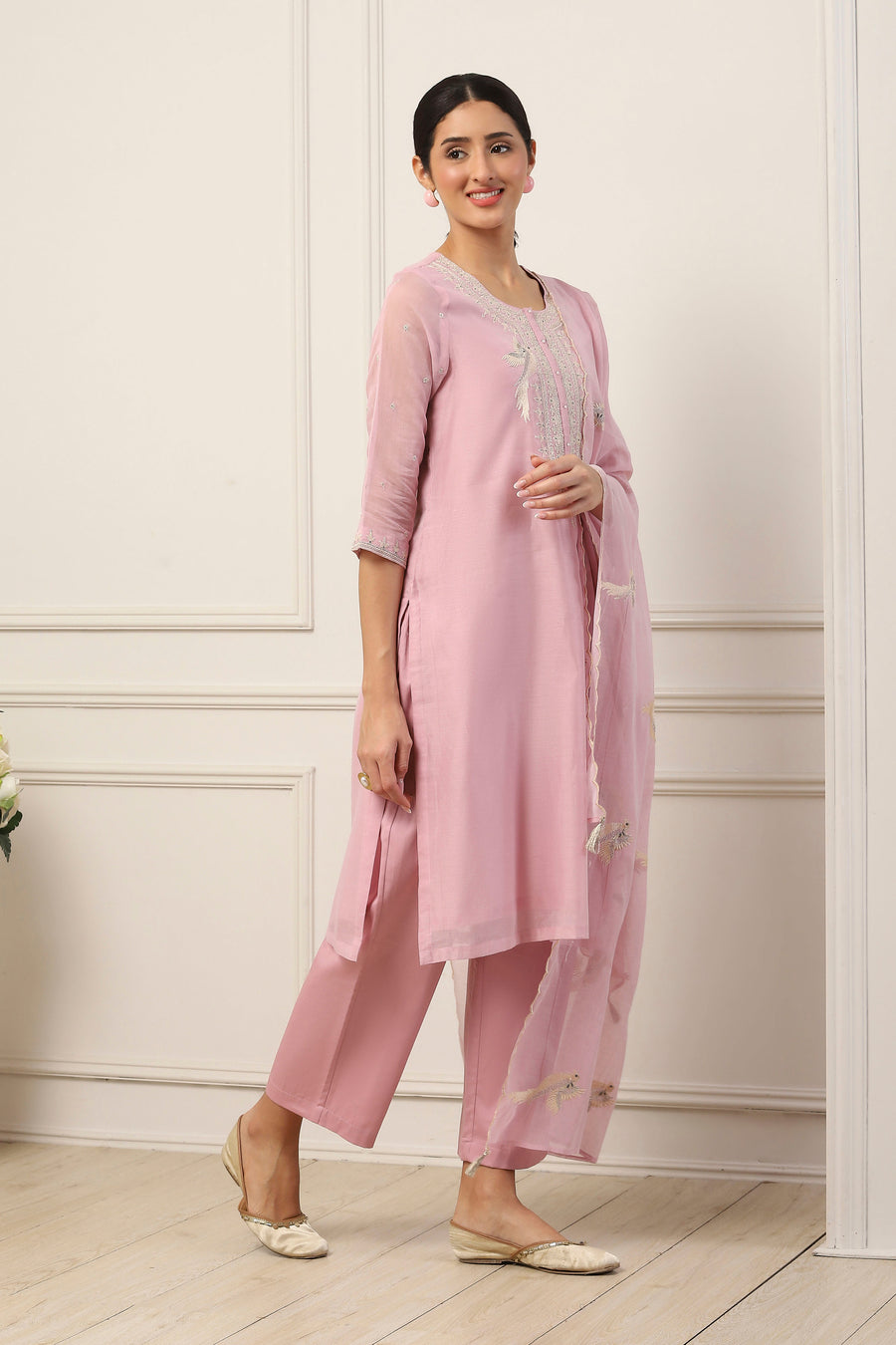 Pink Poly Chanderi Embroidered Straight Suit Set KS60