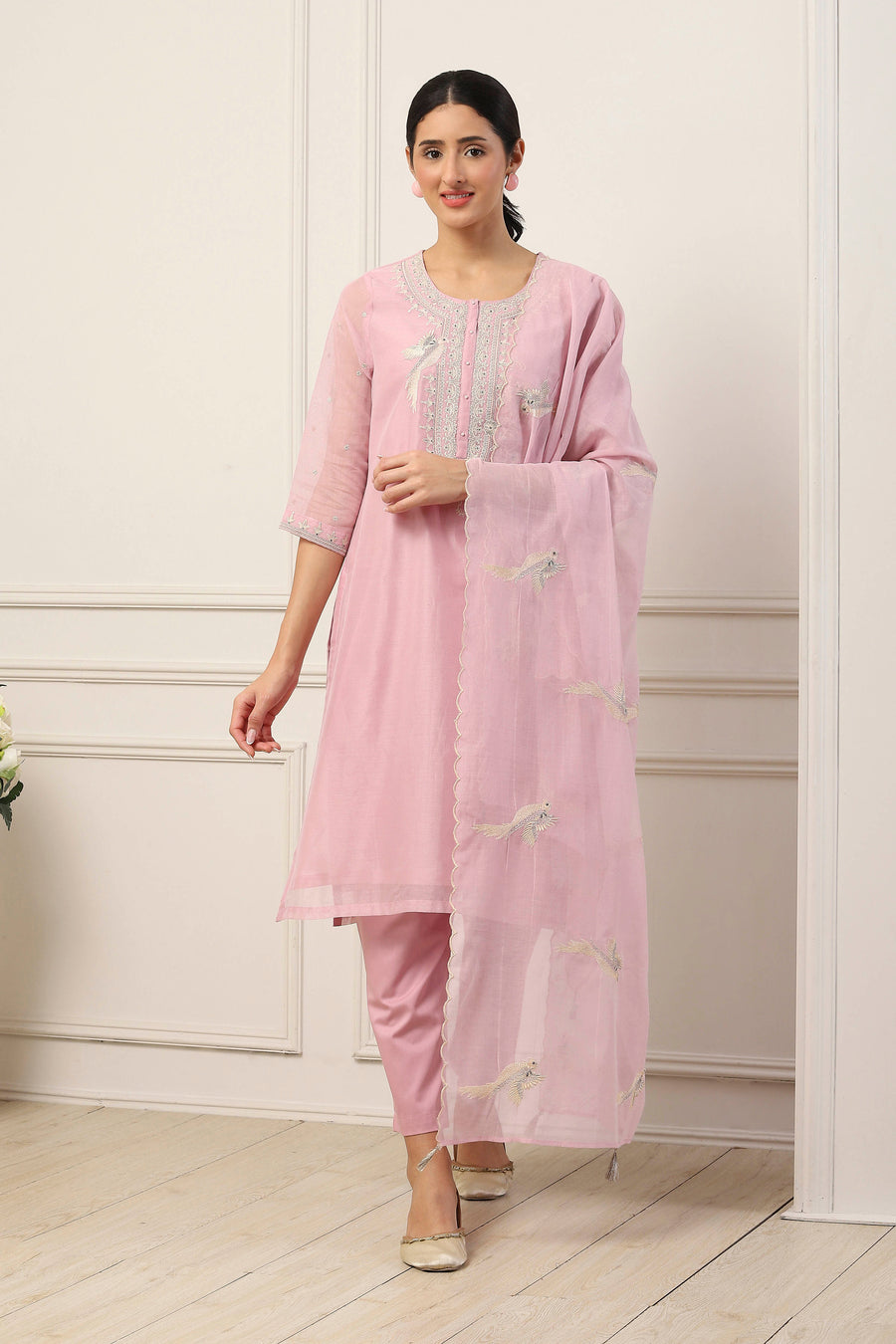 Pink Poly Chanderi Embroidered Straight Suit Set KS60