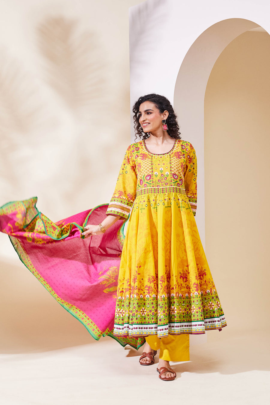 Yellow Cotton Printed Anarkali Kurta Set A34