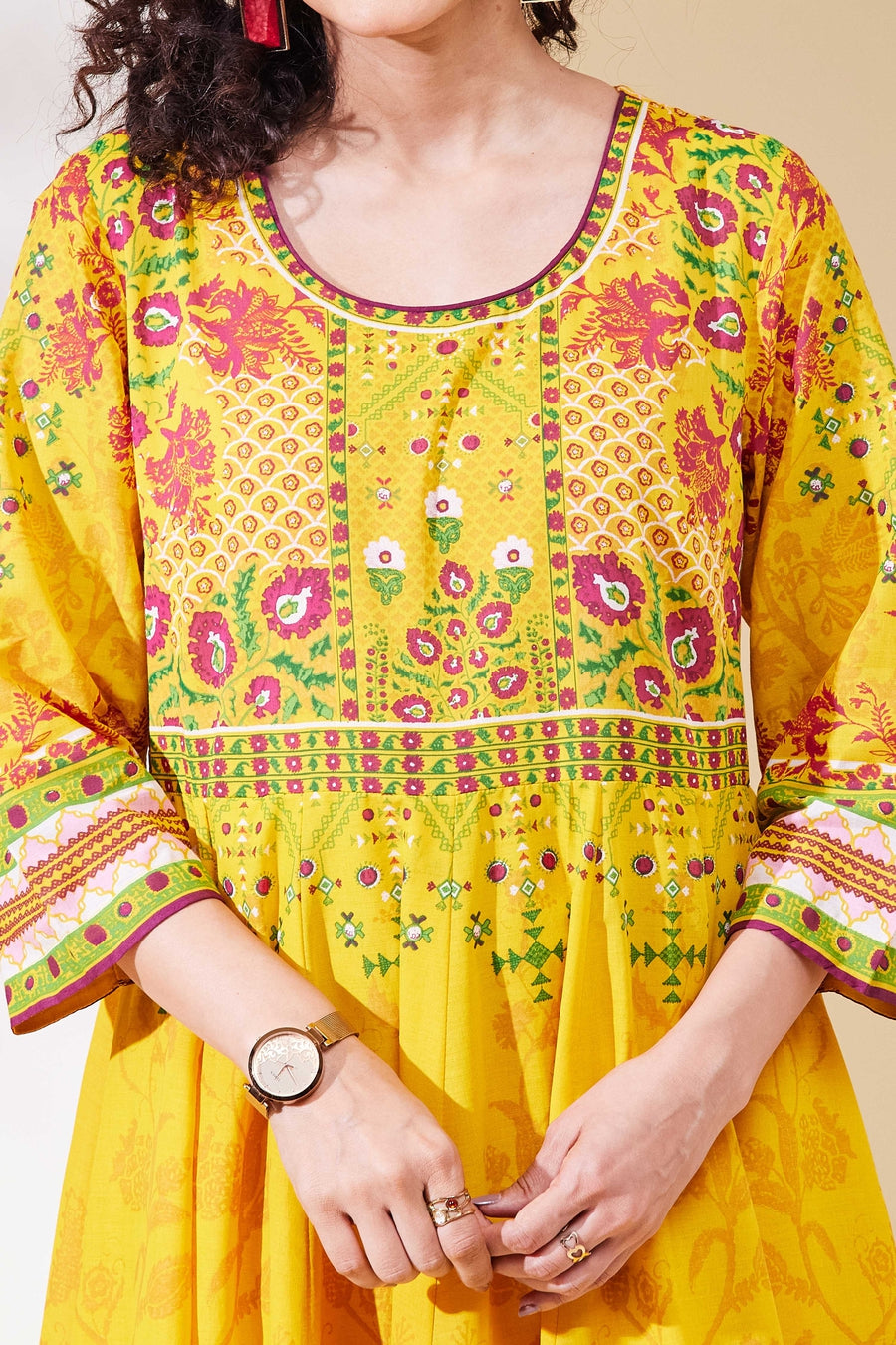 Yellow Cotton Printed Anarkali Kurta Set A34