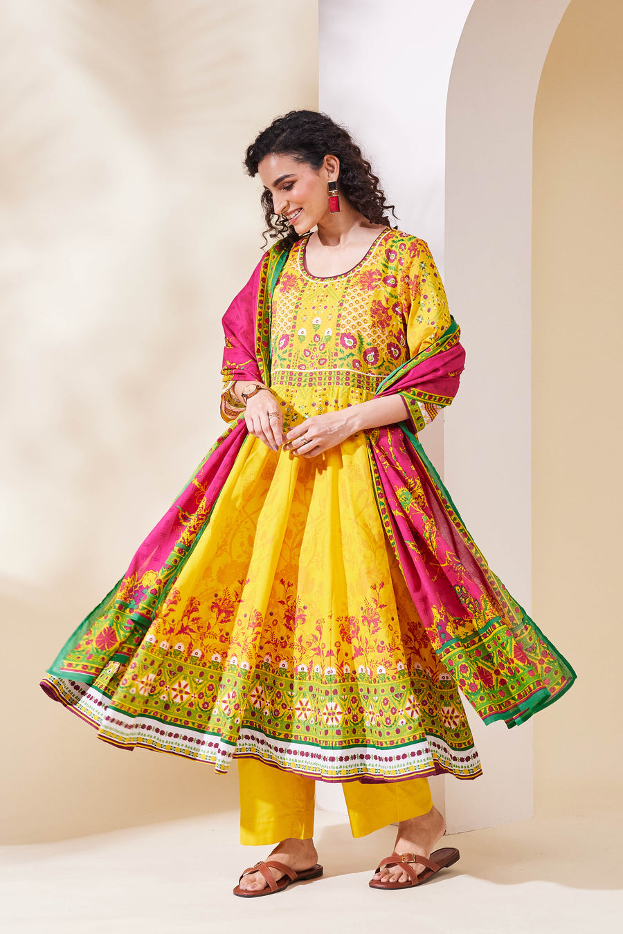 Yellow Cotton Printed Anarkali Kurta Set A34