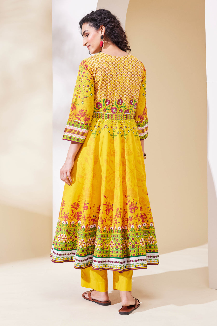 Yellow Cotton Printed Anarkali Kurta Set A34