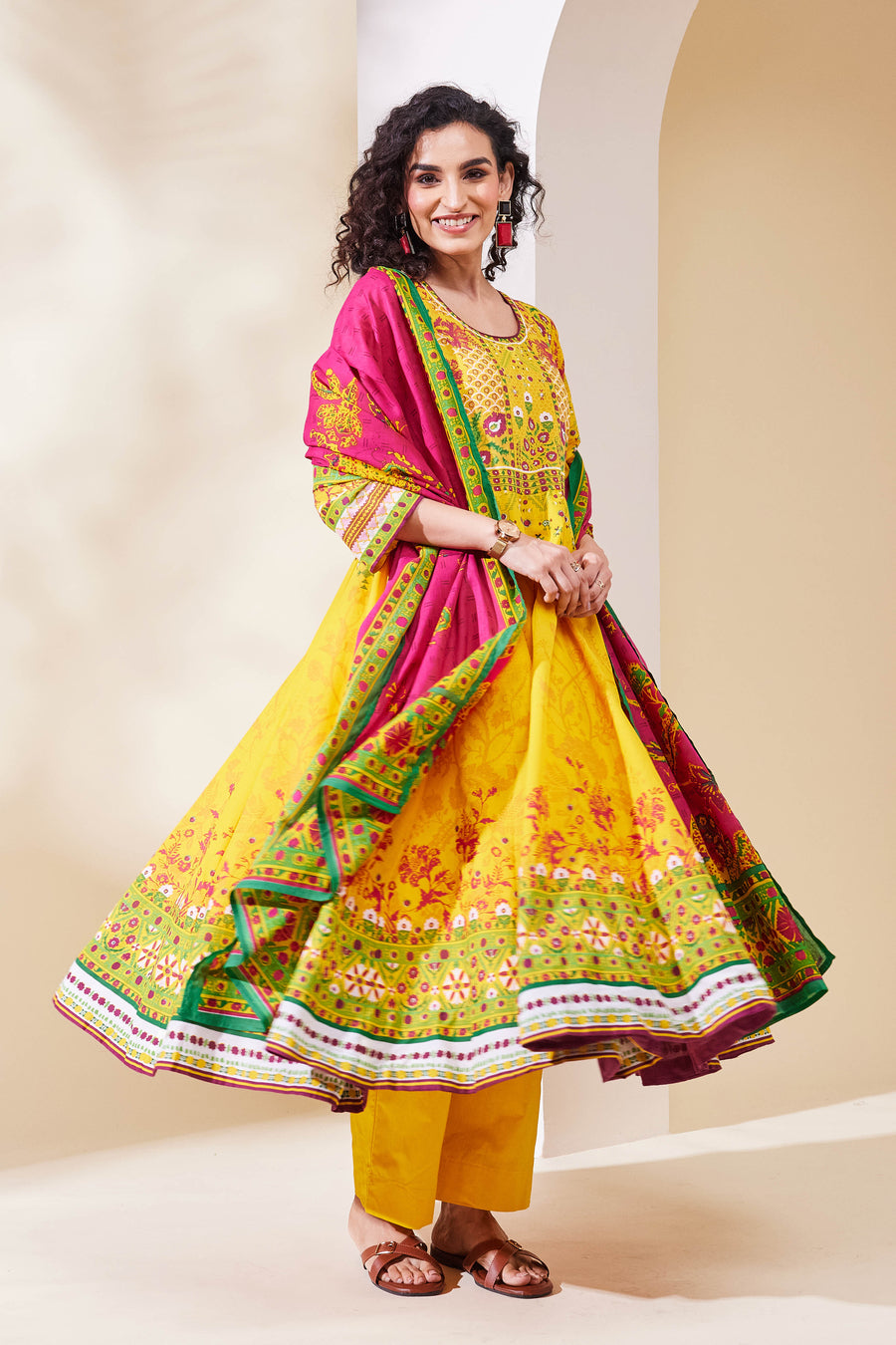 Yellow Cotton Printed Anarkali Kurta Set A34