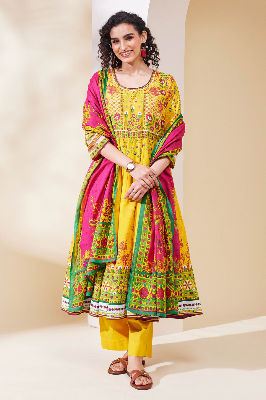 Yellow Cotton Printed Anarkali Kurta Set A34