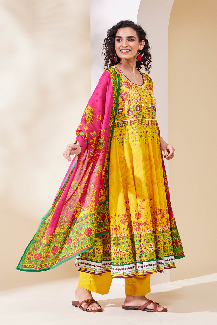 Yellow Cotton Printed Anarkali Kurta Set A34