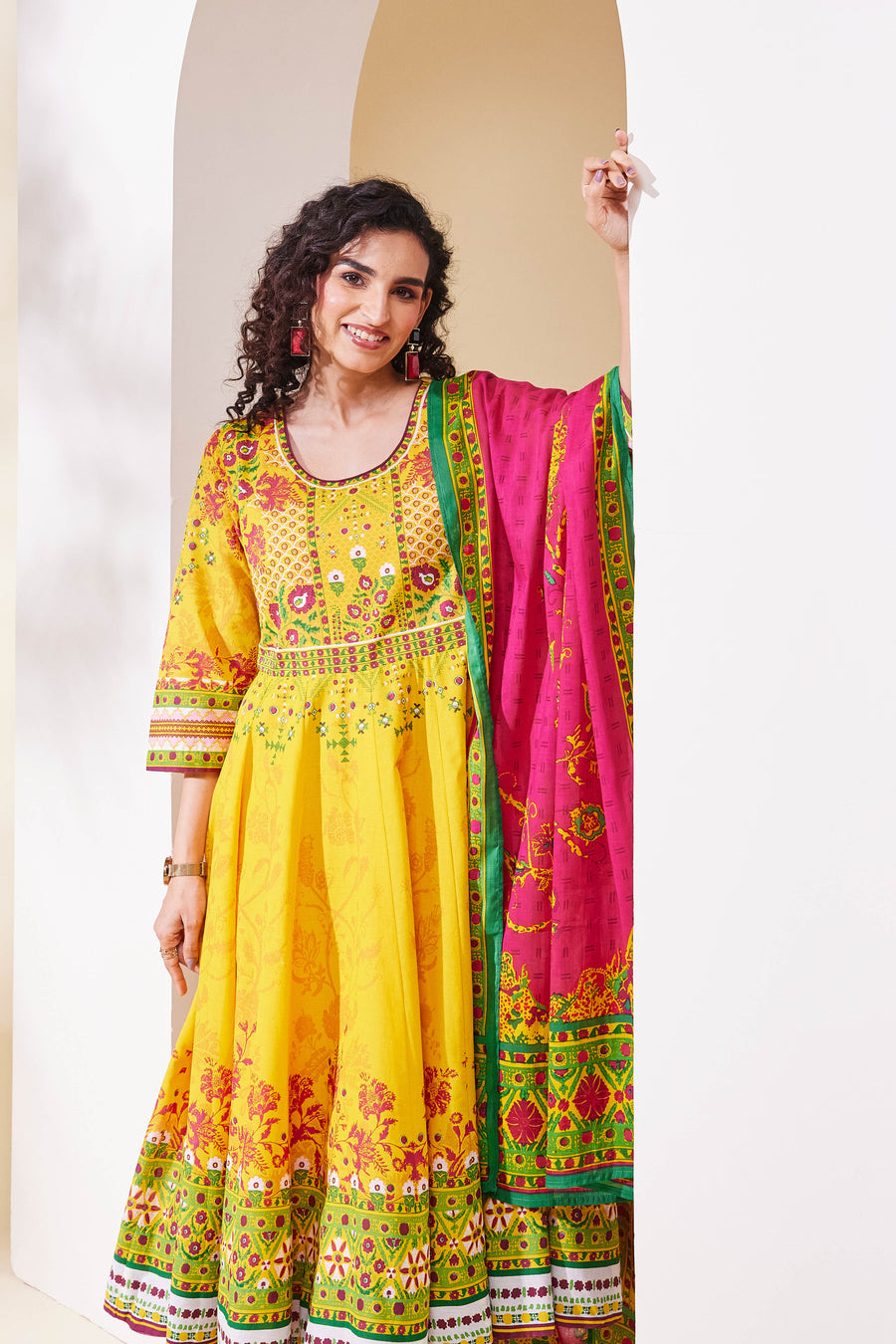 Yellow Cotton Printed Anarkali Kurta Set A34