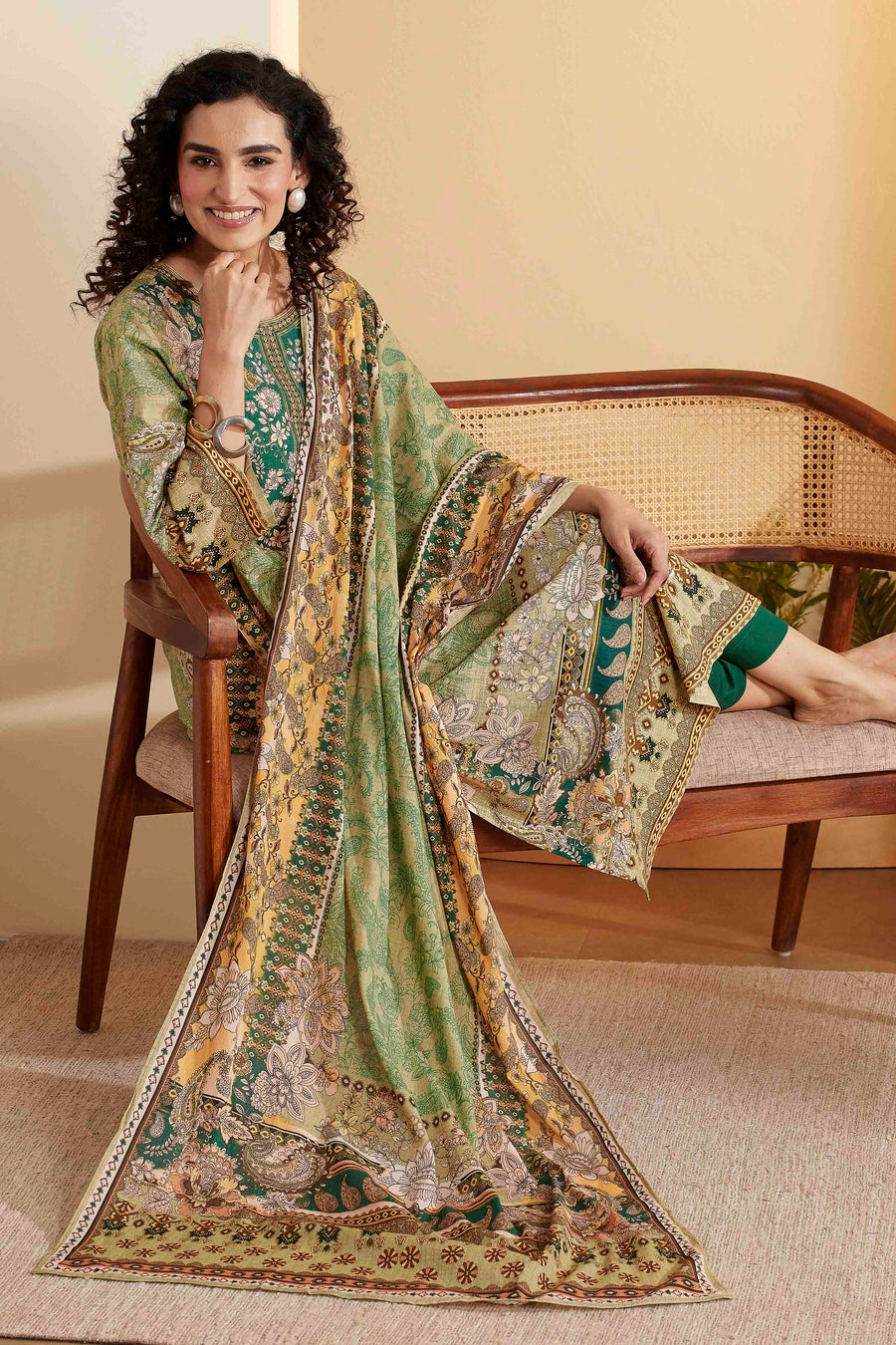 Green Cotton Printed Straight Kurta Set KS60