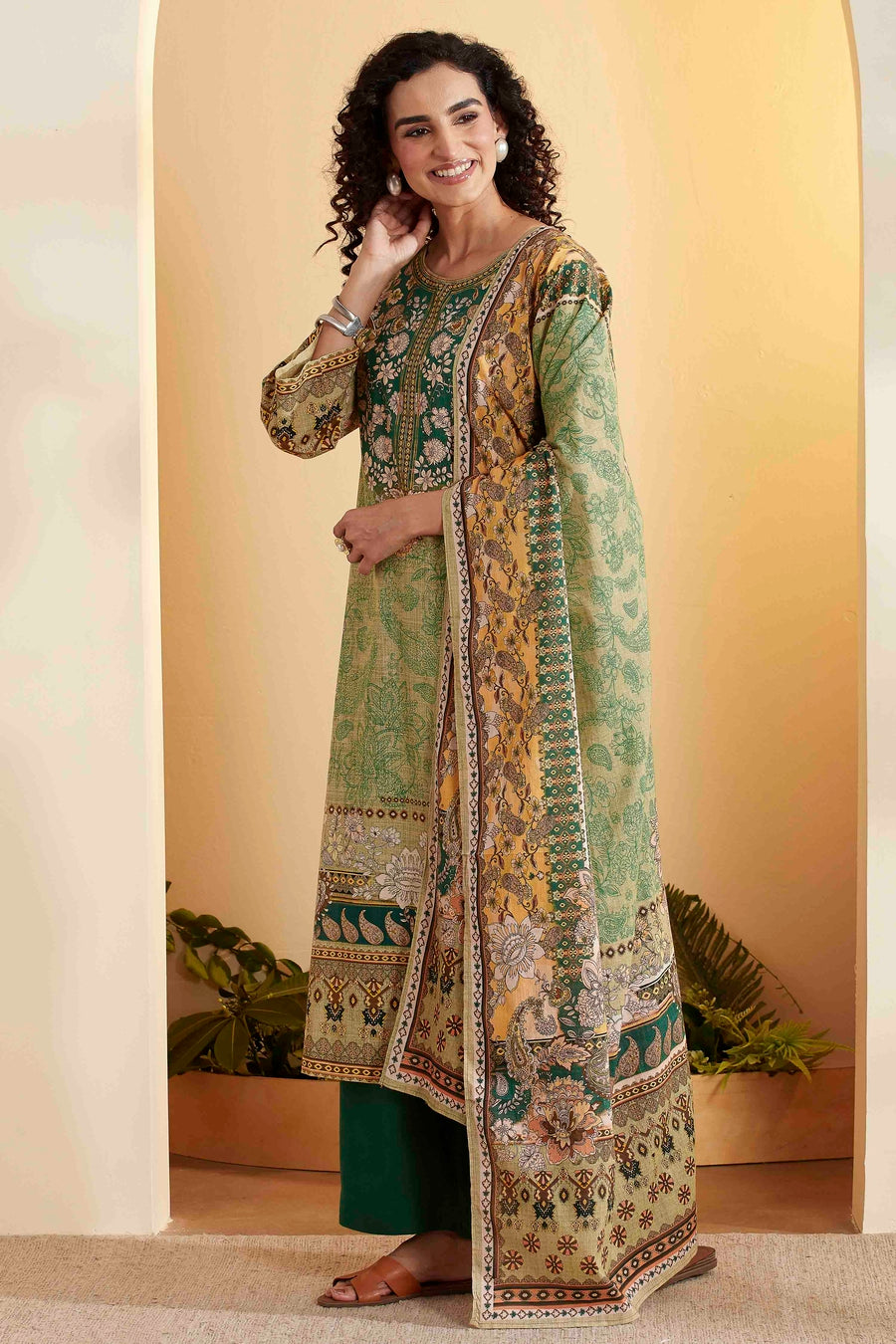 Green Cotton Printed Straight Kurta Set KS60
