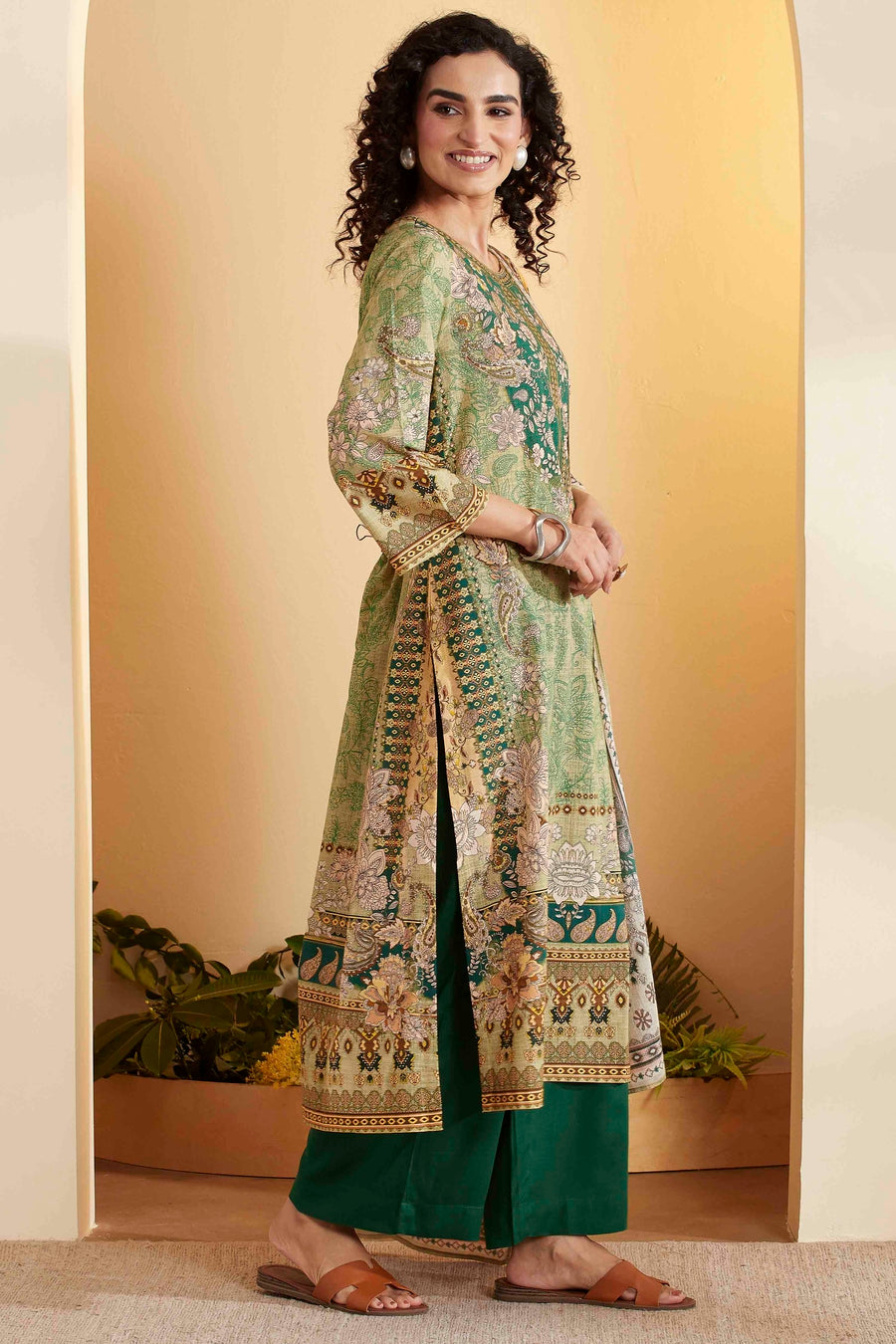 Green Cotton Printed Straight Kurta Set KS60
