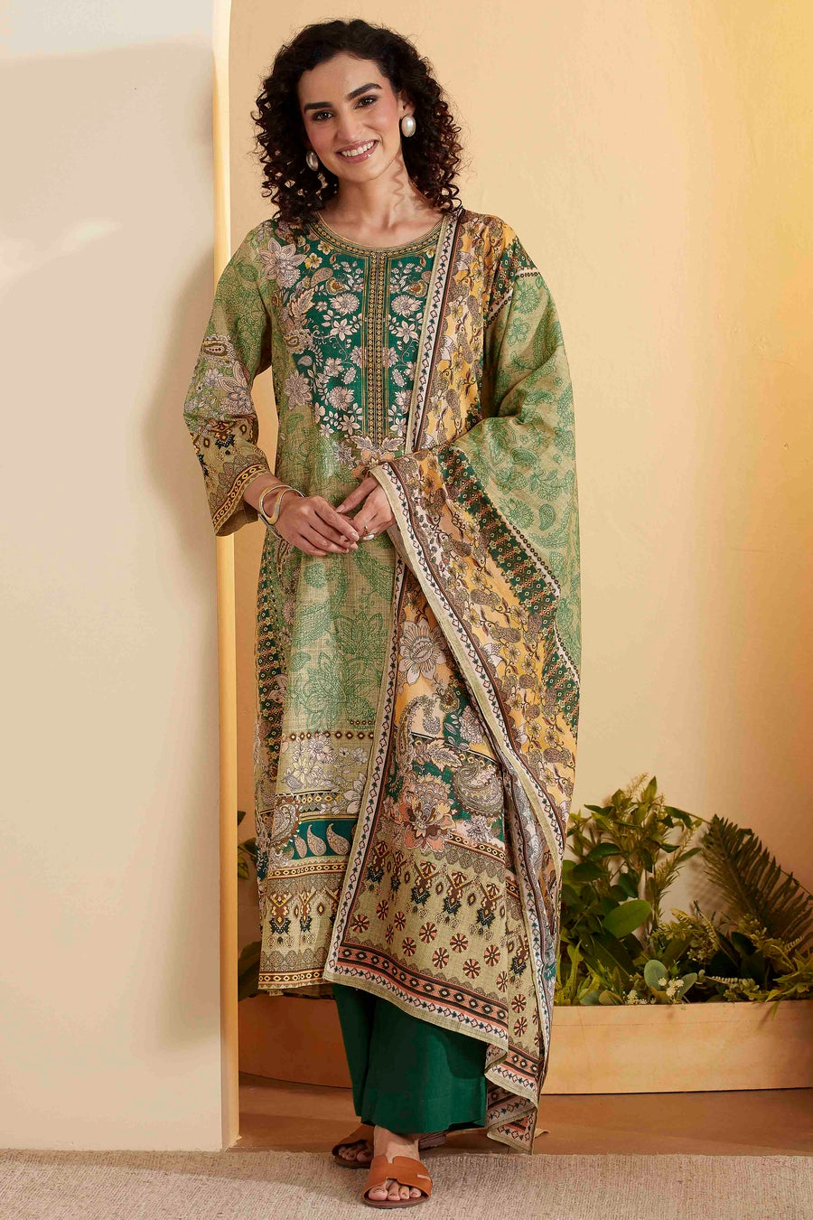 Green Cotton Printed Straight Kurta Set KS60