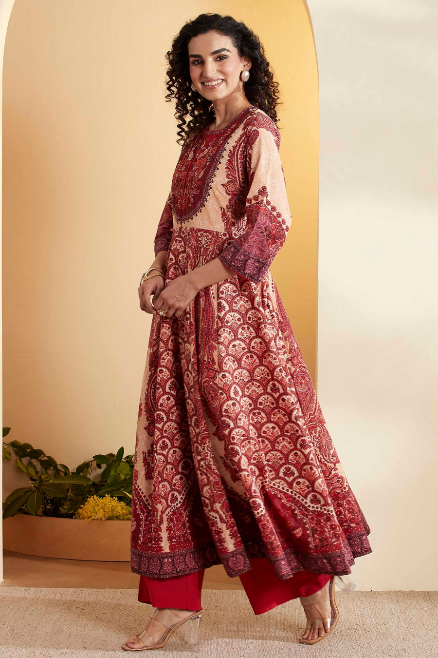 Rust Cotton Printed Anarkali Kurta Set A34