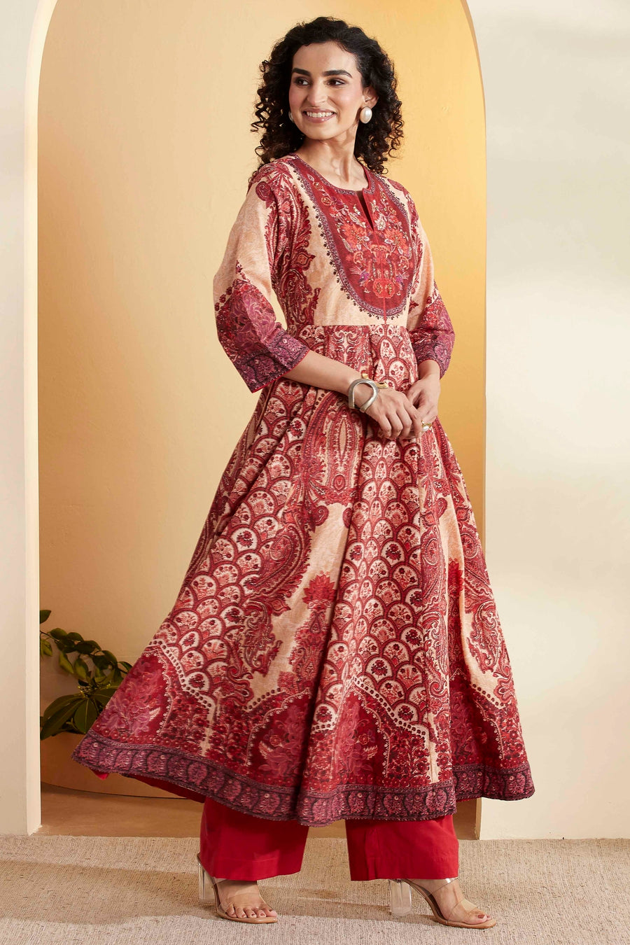 Rust Cotton Printed Anarkali Kurta Set A34