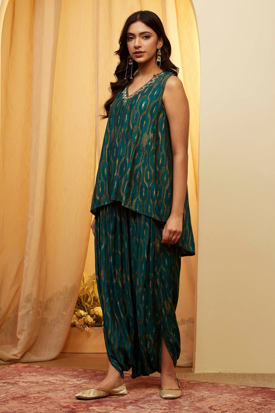Teal Viscose Blend Printed Kurta Set KS60