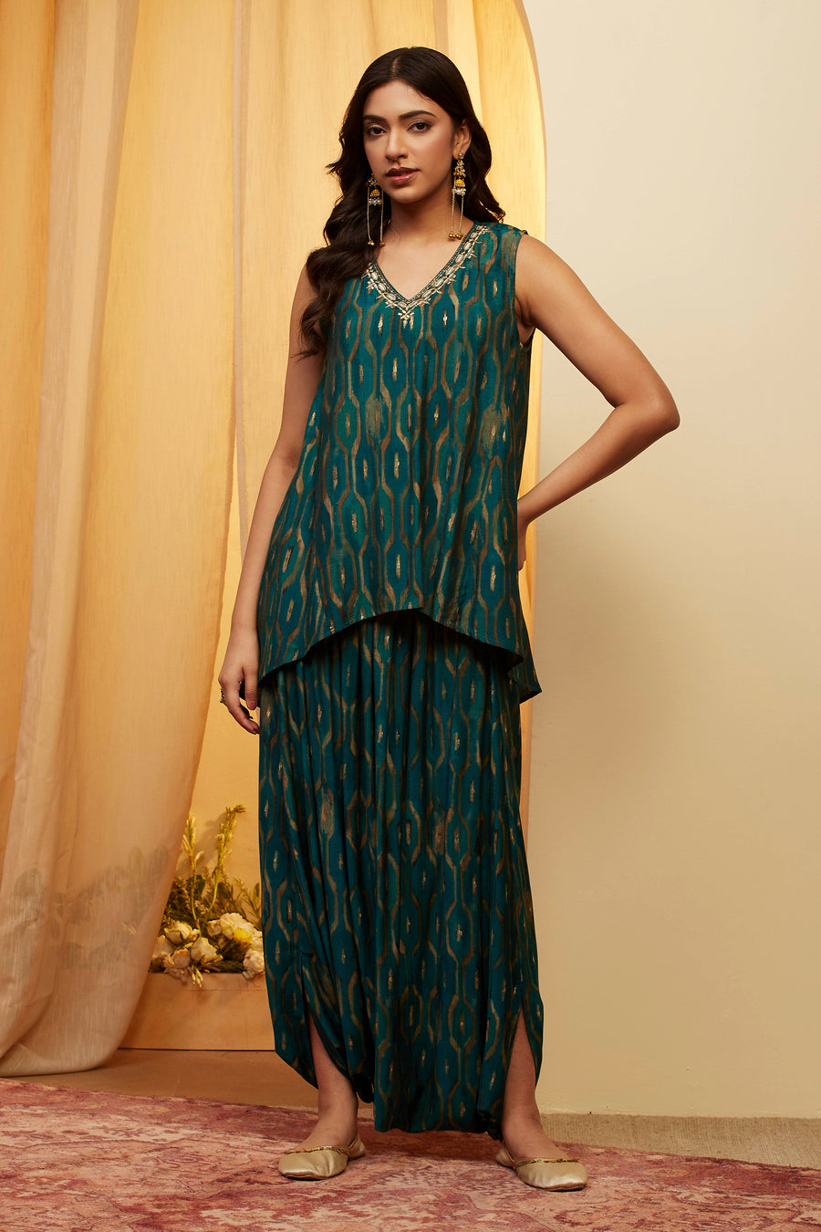 Teal Viscose Blend Printed Kurta Set KS60