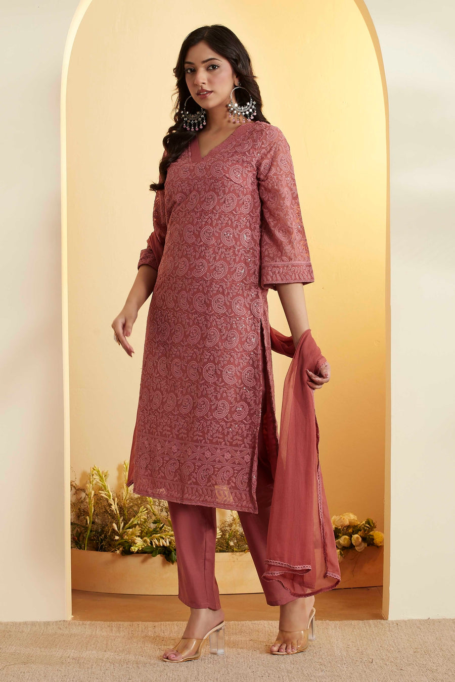 Brick Red Printed Straight Kurta Set KS60