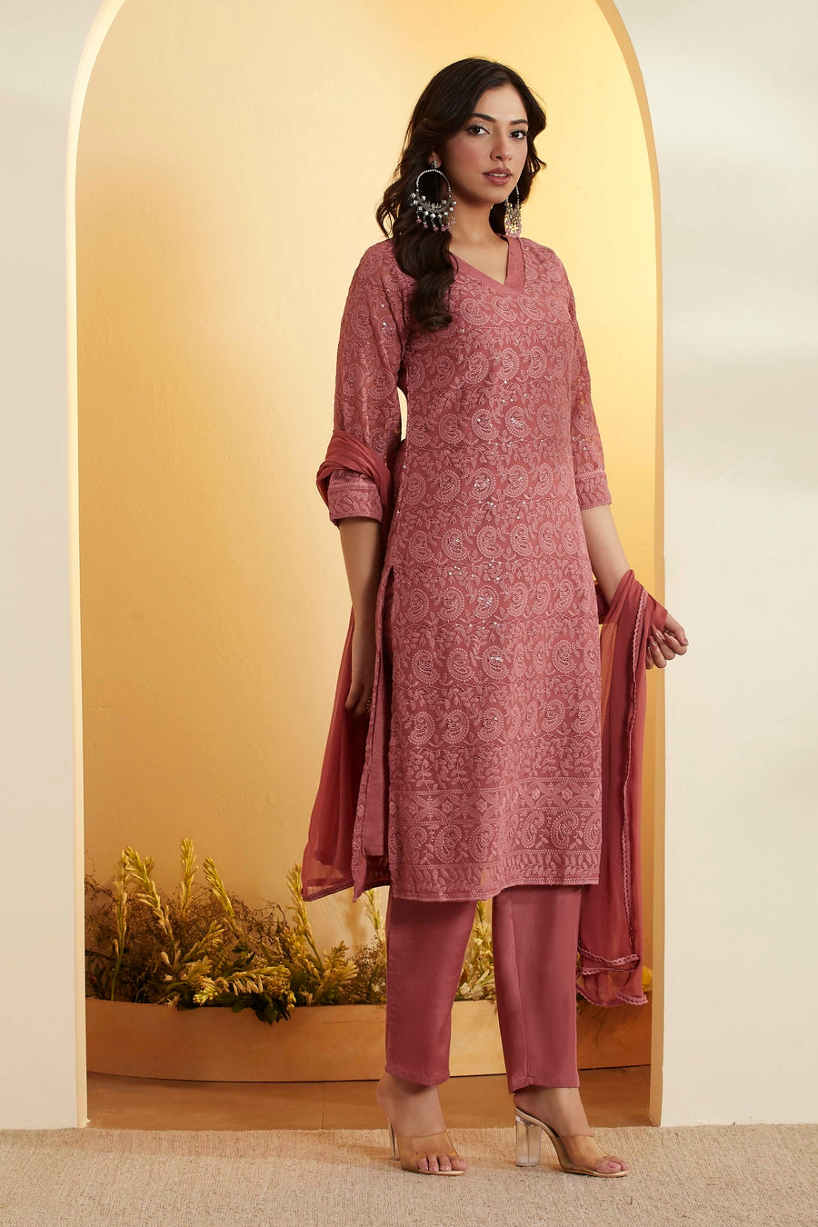 Brick Red Printed Straight Kurta Set KS60