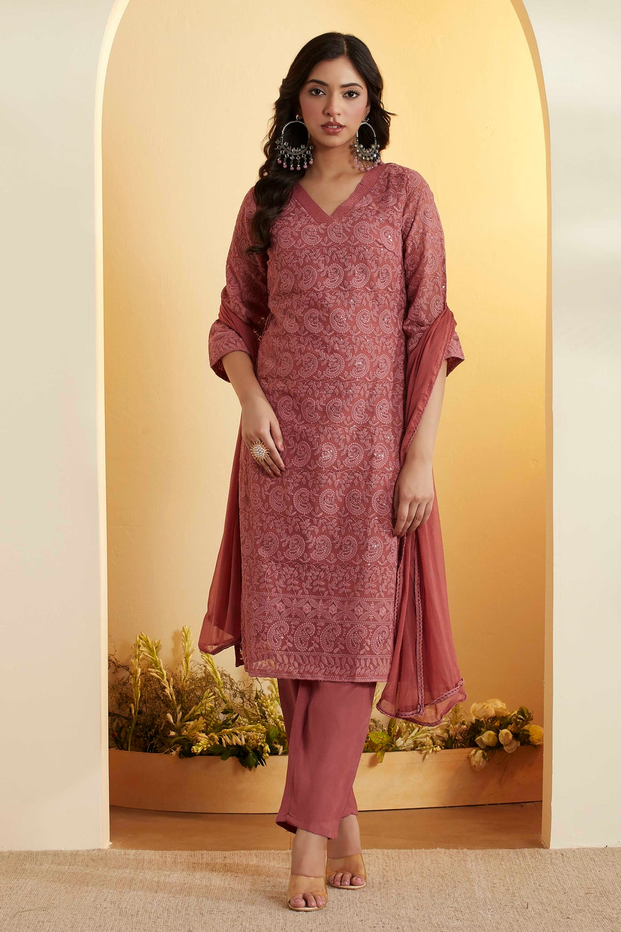 Brick Red Printed Straight Kurta Set KS60