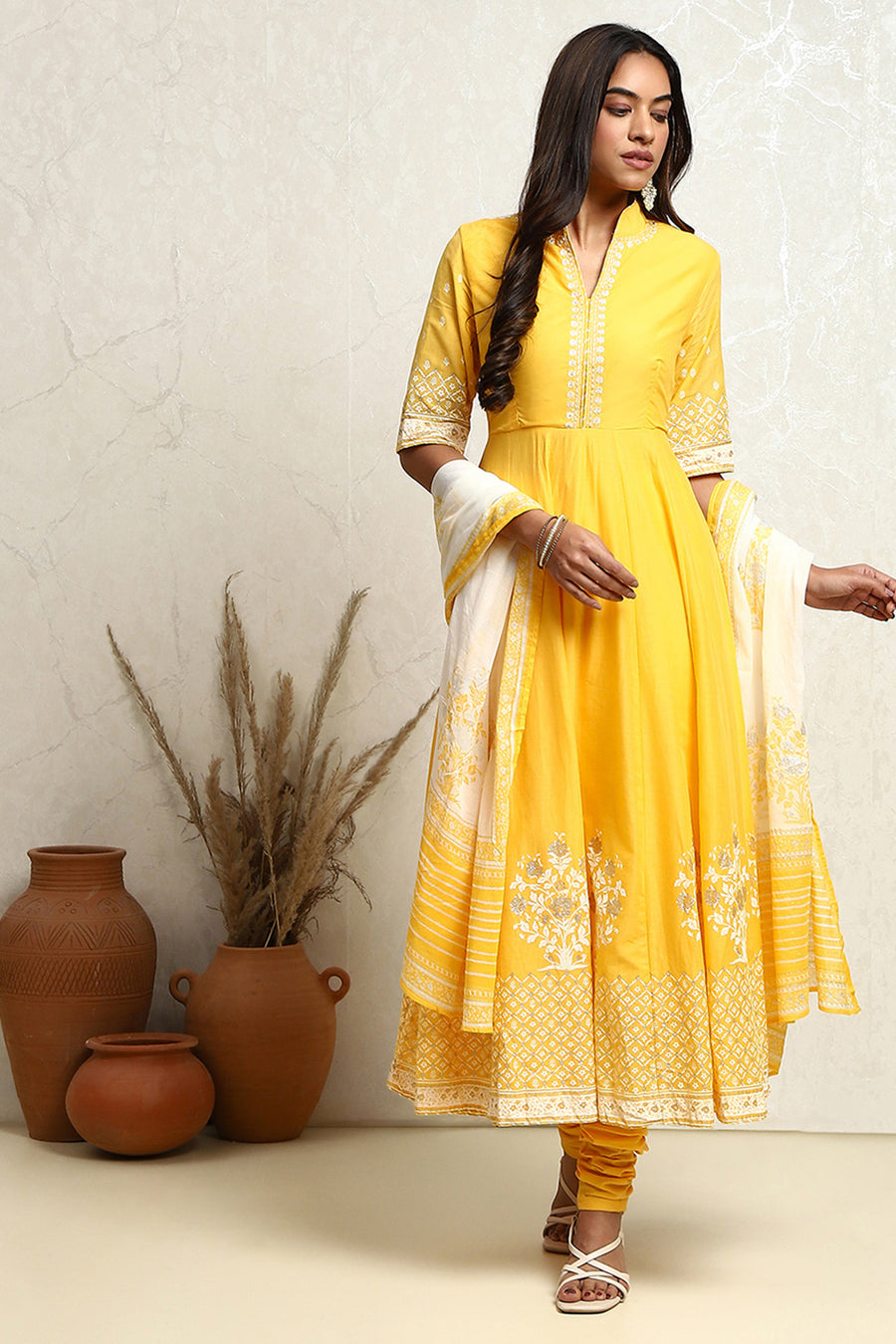 Yellow Blue Printed Cotton Anarkali Suit Set A34
