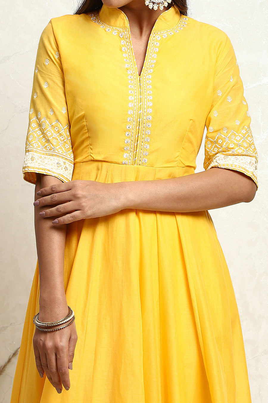 Yellow Blue Printed Cotton Anarkali Suit Set A34