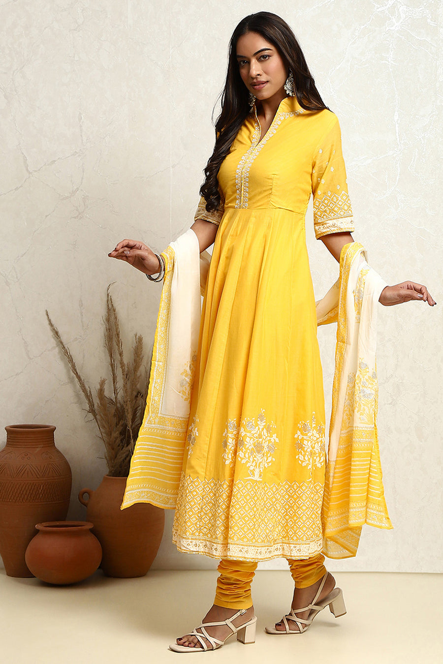 Yellow Blue Printed Cotton Anarkali Suit Set A34