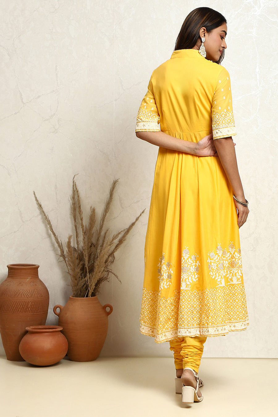 Yellow Blue Printed Cotton Anarkali Suit Set A34