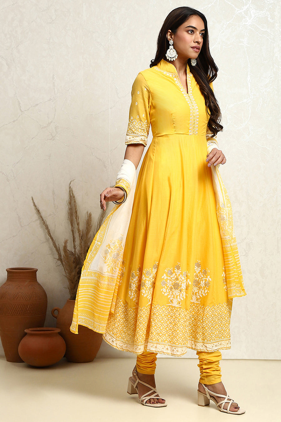 Yellow Blue Printed Cotton Anarkali Suit Set A34