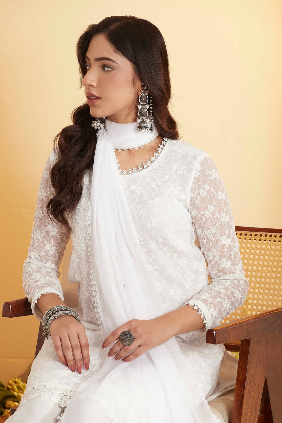 White Lace Straight Chamundi Chiffon Kurta Set KS60