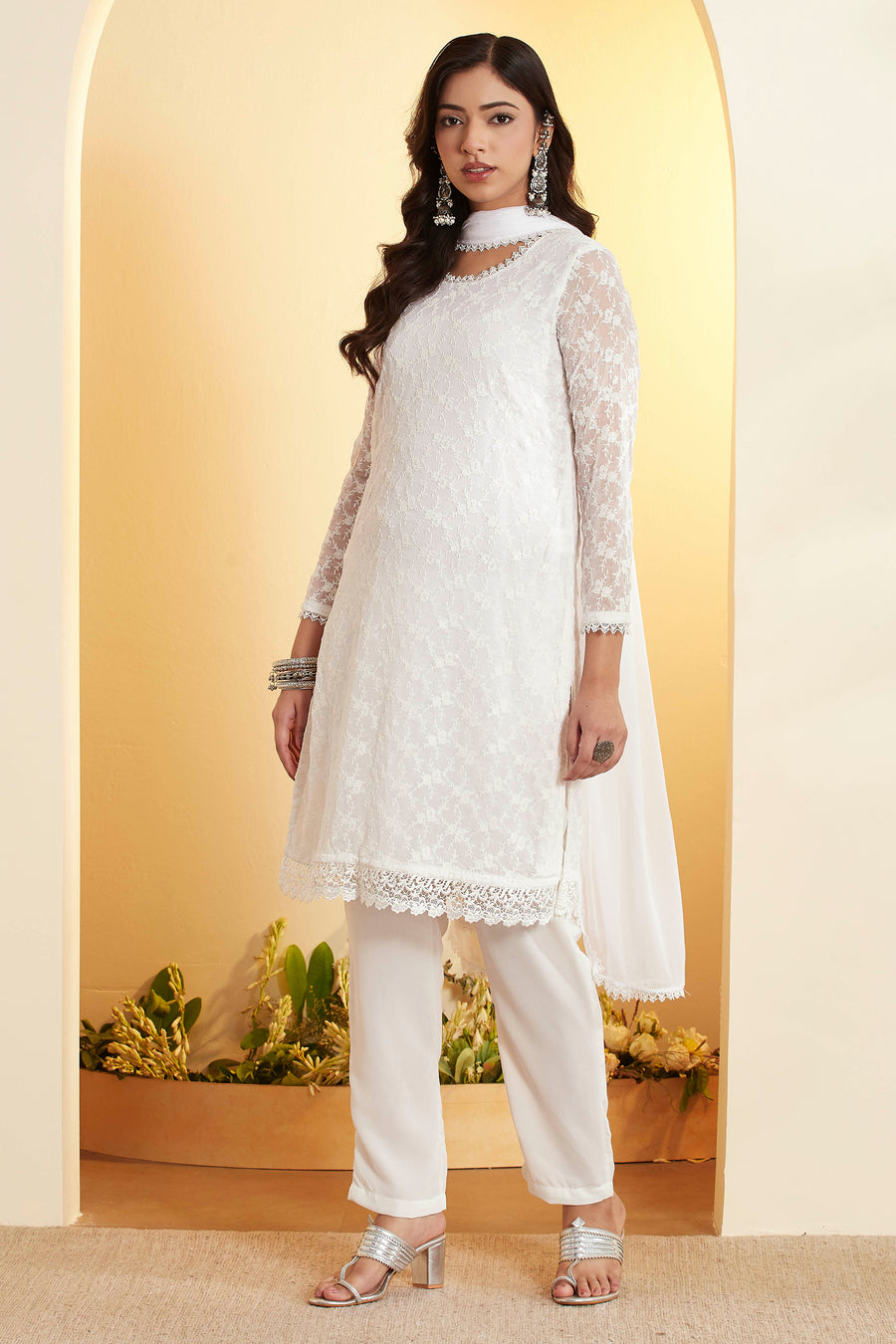 White Lace Straight Chamundi Chiffon Kurta Set KS60