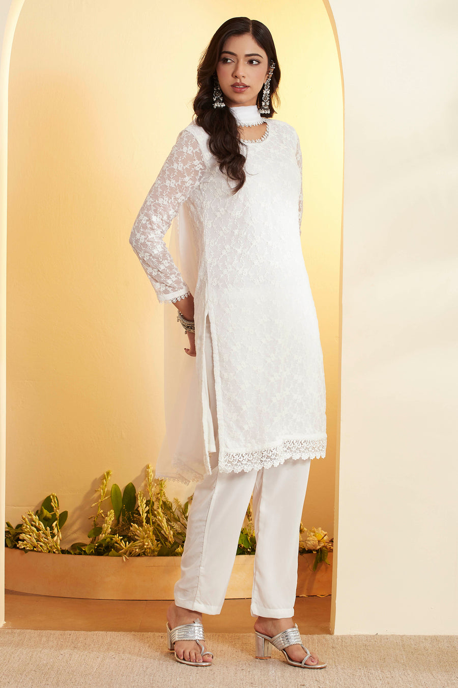 White Lace Straight Chamundi Chiffon Kurta Set KS60
