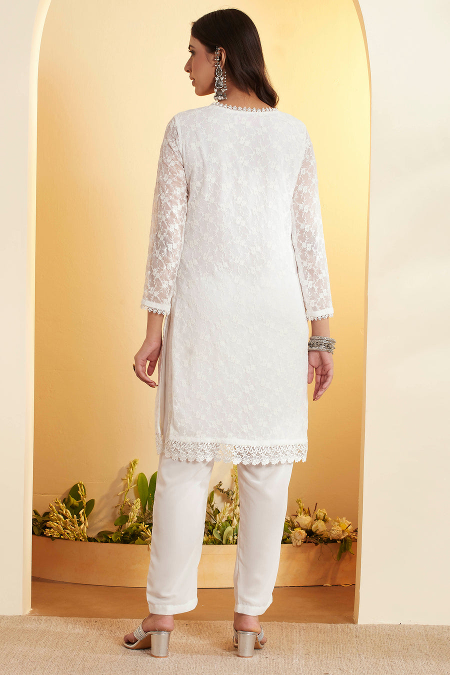 White Lace Straight Chamundi Chiffon Kurta Set KS60