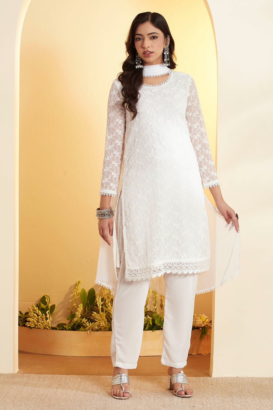 White Lace Straight Chamundi Chiffon Kurta Set KS60