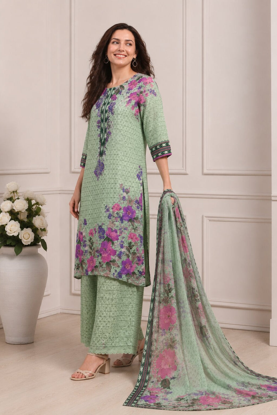 Purple Rayon Printed Straight Kurta Set KS60