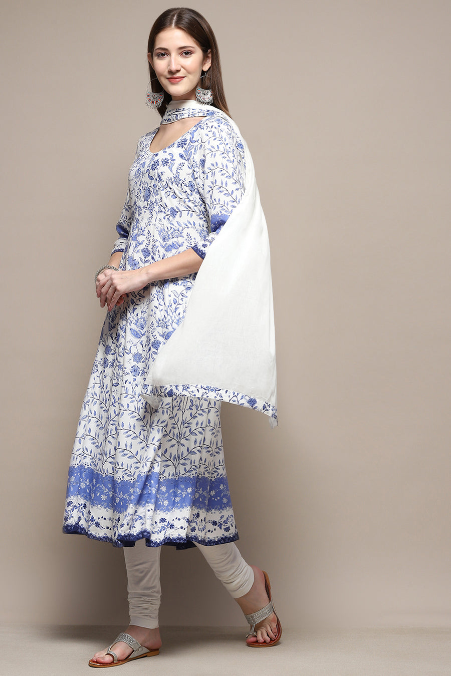 White and Blue Floral Anarkali Suit Set A34