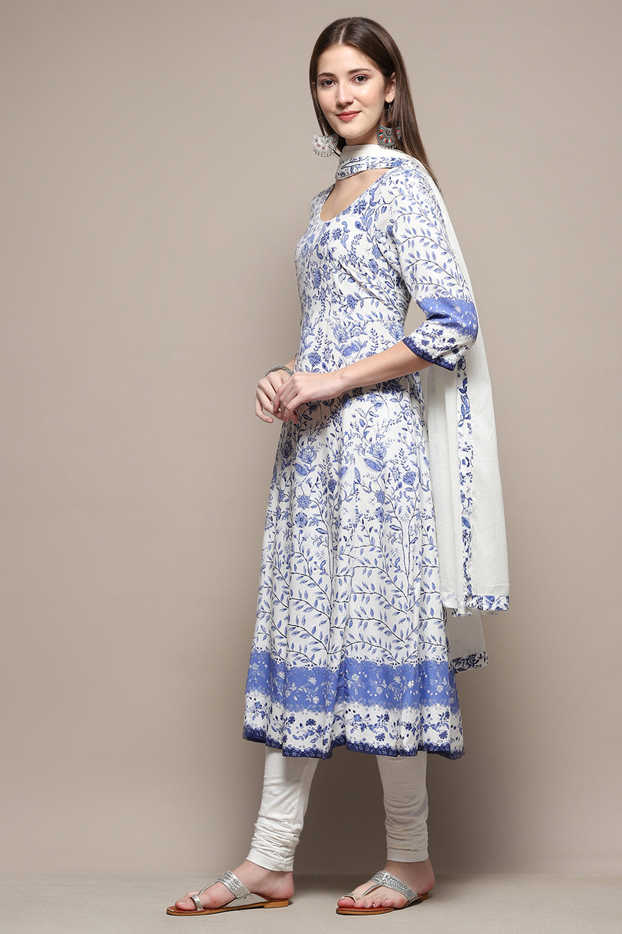 White and Blue Floral Anarkali Suit Set A34
