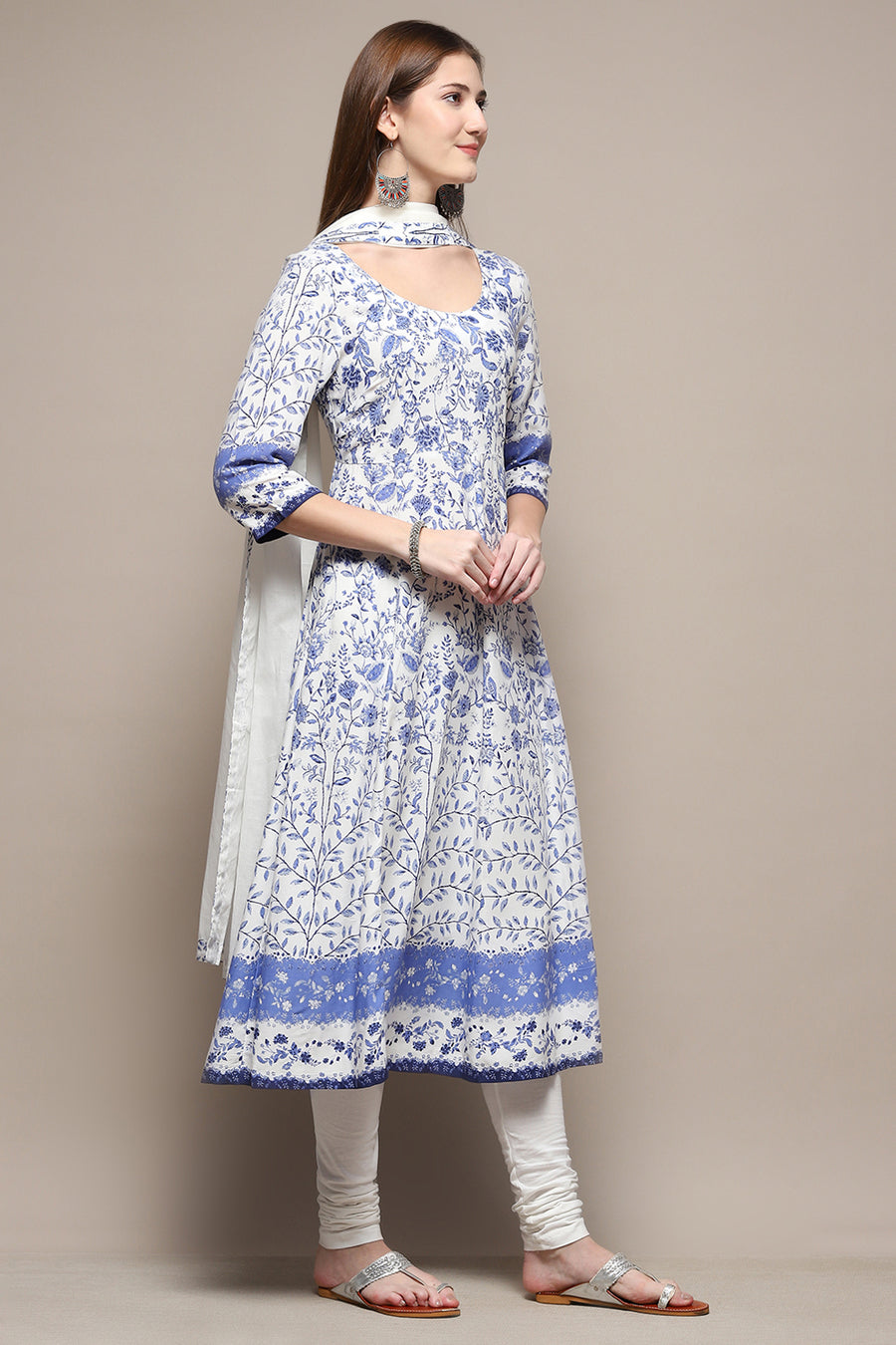 White and Blue Floral Anarkali Suit Set A34