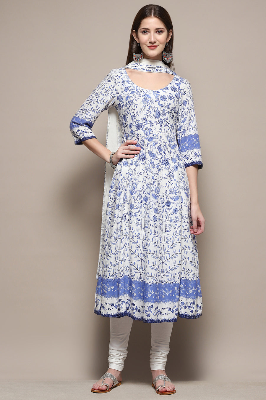 White and Blue Floral Anarkali Suit Set A34