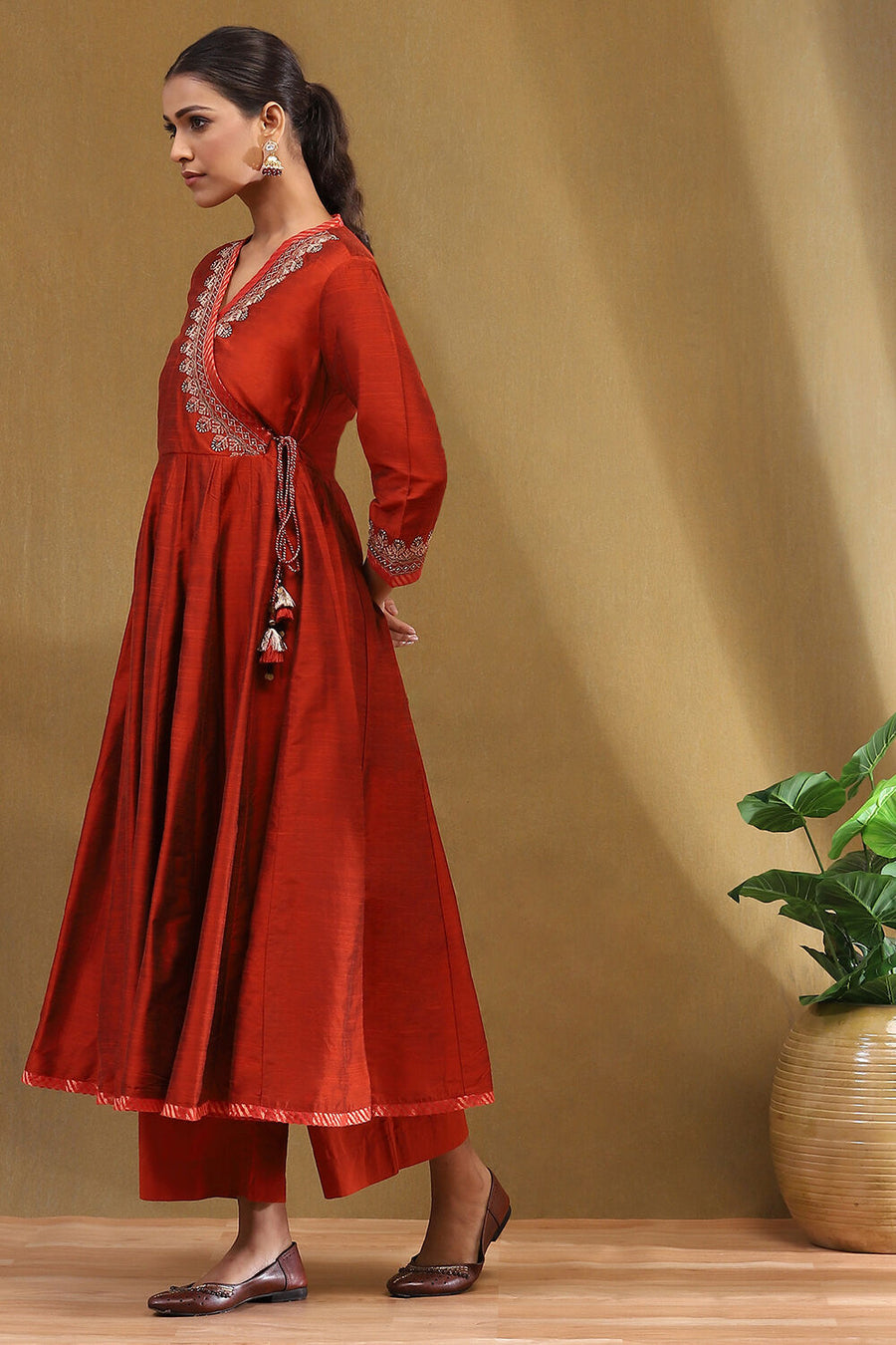 Rust Embroidered Angrakha Festive Anarkali Suit Set A34
