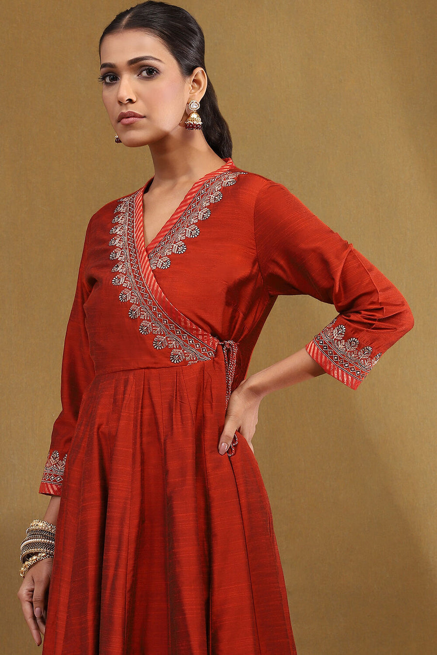 Rust Embroidered Angrakha Festive Anarkali Suit Set A34