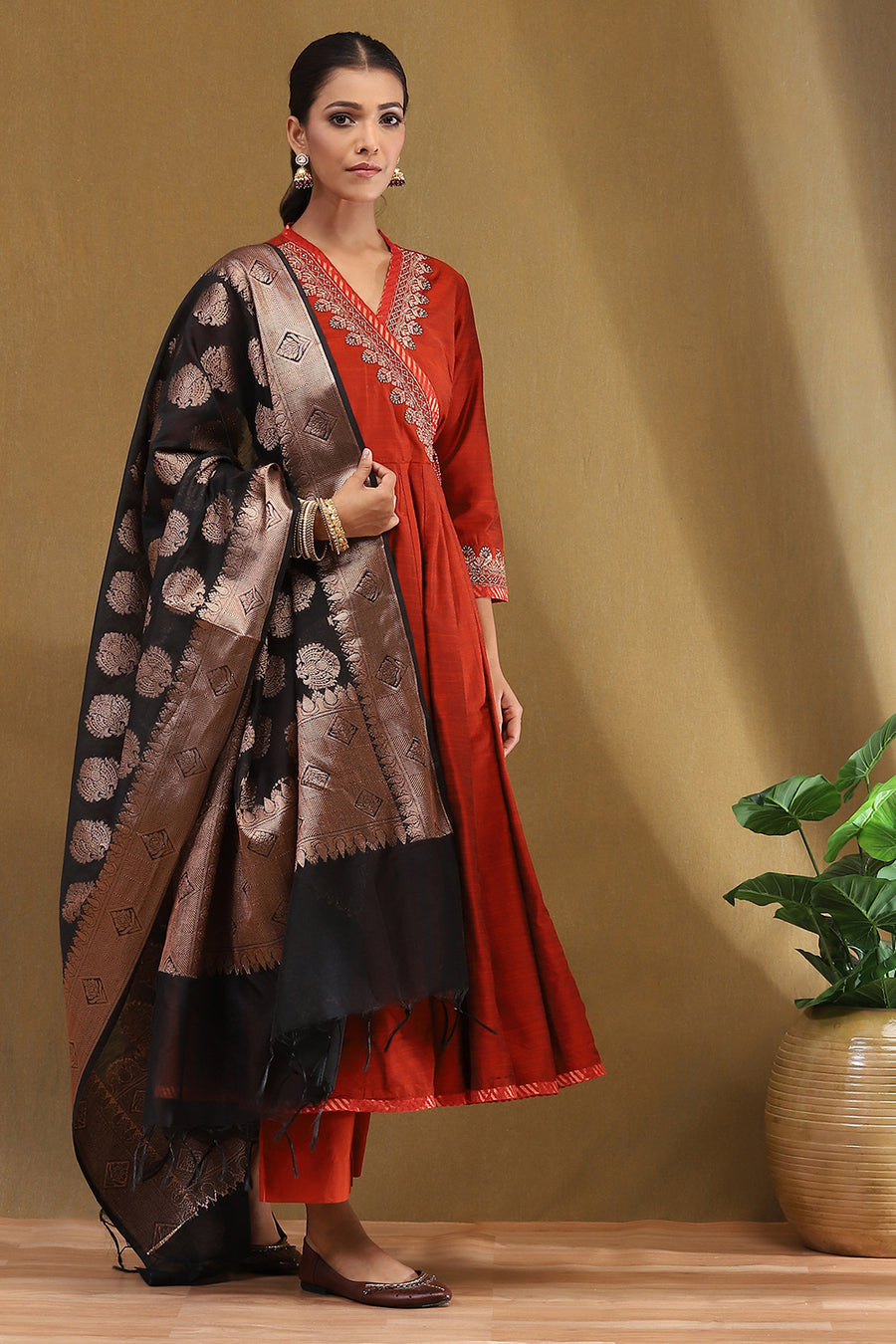 Rust Embroidered Angrakha Festive Anarkali Suit Set A34
